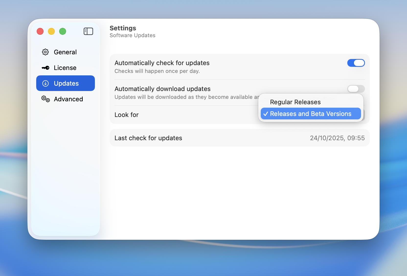 The new updates settings, showing the 'Releases and Beta Versions' option selected.
