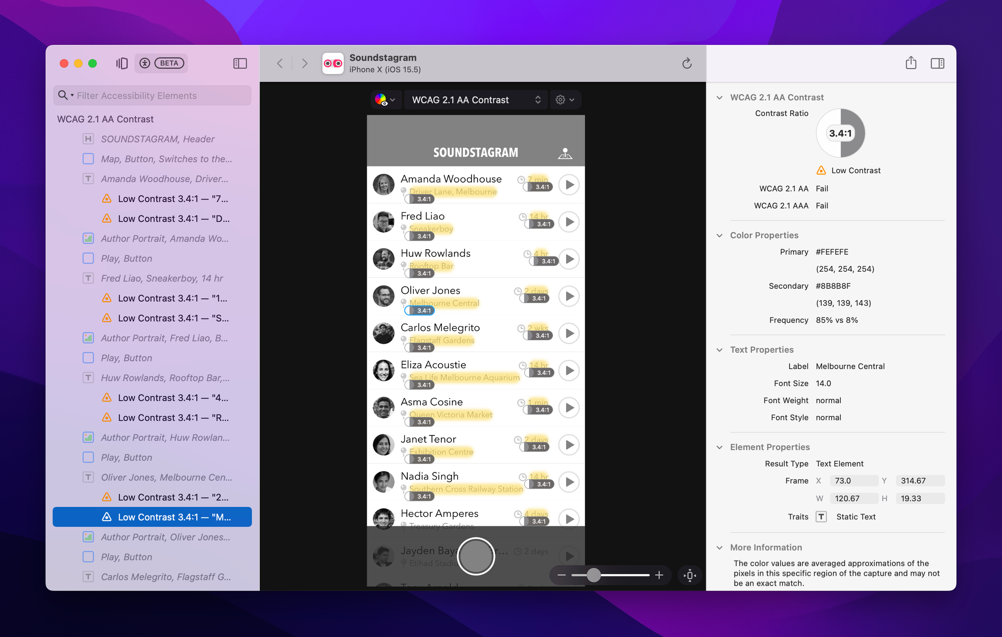 Inspecting Soundstagram’s accessible elements in the Accessibility Workspace&rsquo;s WCAG 2.1 AA color contrast mode.