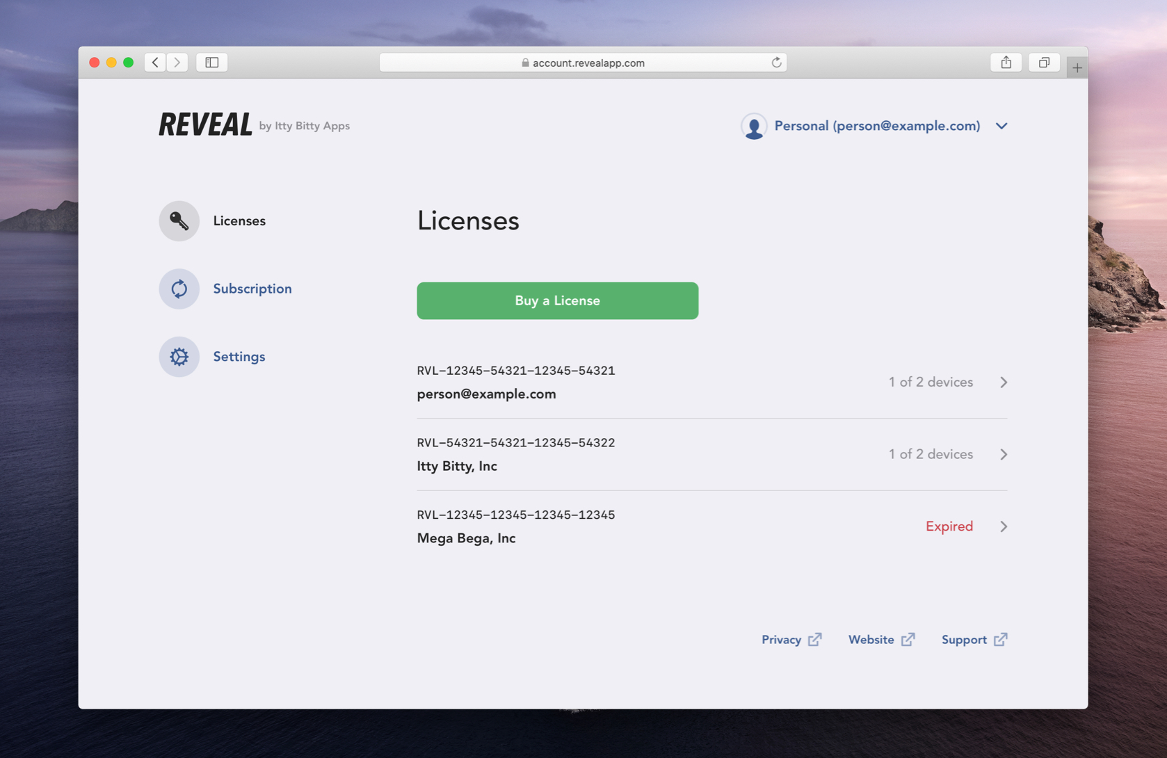 You can now view and manage all your licenses over at https://account.revealapp.com/